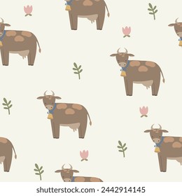Cow seamless pattern hand drawn cute kids background vintage retro pallete	