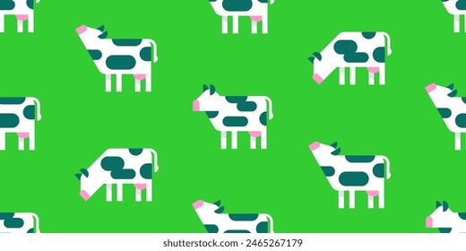 Vaca patrón sin costura en el fondo verde. Día de la leche. Diseño plano