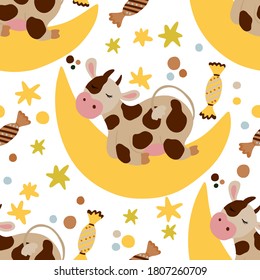 Cow seamless vector pattern. Chirstmas cow sleeping on the moon among stars. 2021 design. Cartoon dreaming animal vector kid illustration on a white background.