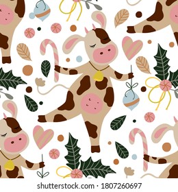 Cow seamless vector pattern. New Year of the cow. Christmas сartoon farm animal with berries and candy. New Year wallpaper 2021. 