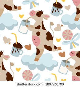 Cow seamless vector pattern. New Year 2021 background. Christmas cow drinking milk. Cartoon, farm animal vector kid illustration.