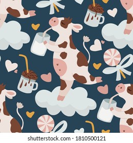 Cow seamless vector pattern. New Year of the cow. Christmas 2021. Cartoon farm animal drinking milk. Kid illustration.