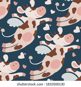 Cow seamless vector pattern. New Year of the cow. Christmas 2021. Cartoon flying  farm animal kid illustration.