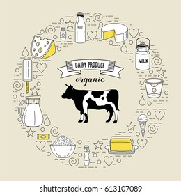 A cow and a set of healthy dairy products oriented in a circle. Healthy eating, organic products. Vector illustration.