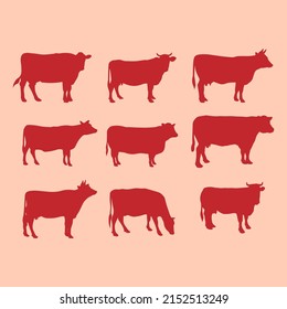 Cow sets silhouette graphics resource hand drawn vector illustration.