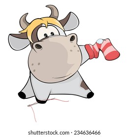 A cow sews a sock. Cartoon 