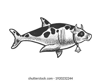 Cow shark abstract animal, sketch engraving vector illustration. T-shirt apparel print design. Scratch board imitation. Black and white hand drawn image.