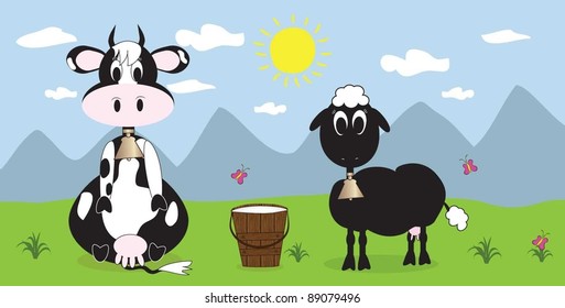 cow and sheep on beautiful landscape