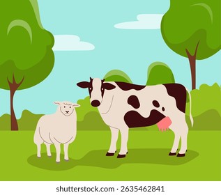 Cow and sheep on lawn. Farm animals, trees and meadow summer natural landscape. Funny agricultural pets. Cute domestic ranch happy mammals. Vector cartoon flat style isolated livestock illustration