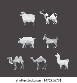 COW SHEEP PIG GOAT CAMEL LLAMA FARM ANIMAL LOW POLY LOGO ICON SYMBOL SET. TRIANGLE GEOMETRIC POLYGON