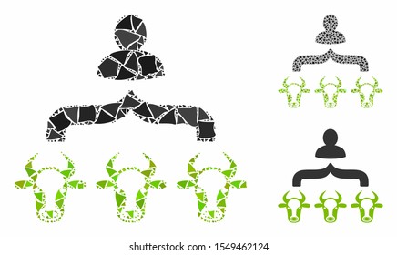 Cow shepherd mosaic of humpy parts in variable sizes and color tinges, based on cow shepherd icon. Vector rough parts are organized into mosaic. Cow shepherd icons collage with dotted pattern.