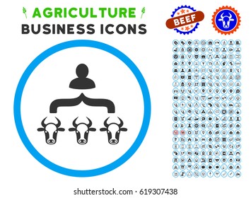 Cow Shepherd rounded icon with agriculture commercial pictogram set. Vector illustration style is a flat iconic symbol inside a circle, blue and gray colors. Designed for web and software interfaces.