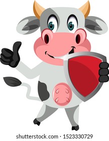 Cow with shield, illustration, vector on white background.