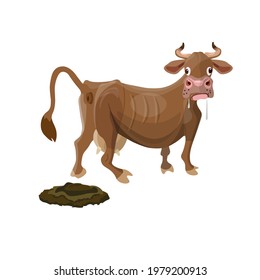 Cow shitting, pooping. Cow dung, manure. Eco pure natural organic fertilizer. Vector illustration isolated on white background in cartoon style