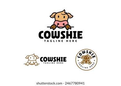 cow with shy expression cartoon logo design for farm, food and drink professional business