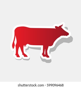 Cow sign illustration. Vector. New year reddish icon with outside stroke and gray shadow on light gray background.