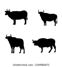 Cow silhouette. Black cows and calf mammal animals