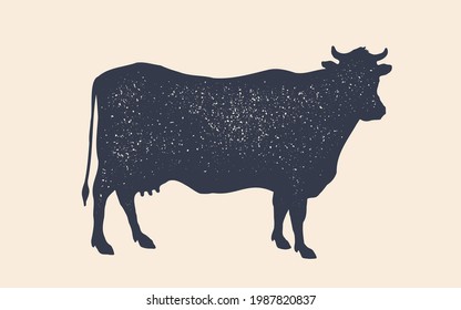 Cow silhouette. Black and white isolated cow silhouette. Vintage retro print cow silhouette for meat business, meat shop, restaurant menu. Logo, sign template for butchery. Vector Illustration