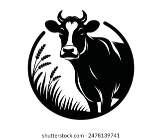 Cow silhouette in circle isolated on a white background, Logo, Vector illustration, Artwork.