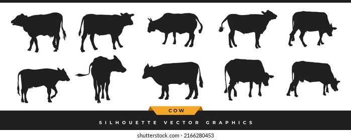 Colección de silueta de vaca. Gran conjunto de animales, iconos de silueta de ganado. Ilustración de vectores de animales de granja de mano en diferentes posiciones aisladas en fondo blanco.