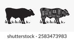 Cow silhouette and cut of beef vector on white background