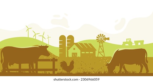 Cow silhouette in farm landscape. Farmland eco life