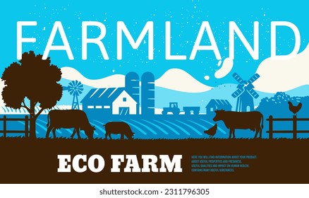 Cow silhouette in farm landscape. Farmland eco life