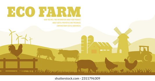 Cow silhouette in farm landscape. Farmland eco life