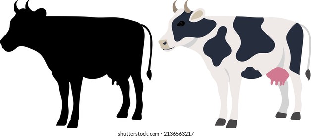 cow, silhouette, flat design, isolated, vector