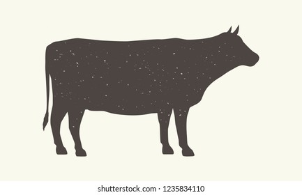 Cow silhouette with grunge texture isolated on white background. Vintage design element for logo, emblem, poster. Cow - Farm animal. Vector illustration