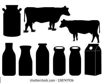 Cow Silhouette And Milk Bottles Illustrated On White