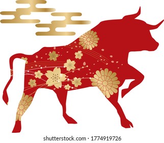 Cow silhouette on white background, 2021 New Year card material, illustration