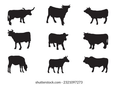 cow silhouette set collection isolated black on white background vector illustration