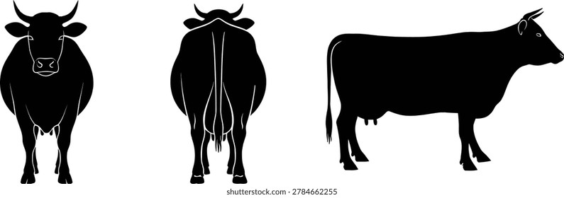 Cow silhouette set with front back side farm animal illustrations