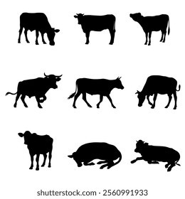 Cow silhouette set on white background. 
