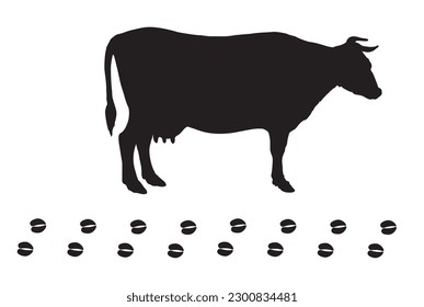 Cow silhouette and cow trail and track isolated on white background. For farm animals concept design. Mammals animals paw print. Black silhouette cow. Cattle.