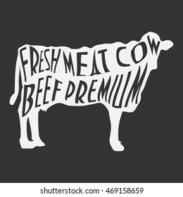 Cow silhouette with typographic text. Cow Vector. Beef Vector. Premium vintage illustration. Beef. Good for Menu Board. Butcher shop.