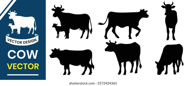 Cow silhouette, vector, icon set. Farm animals vector collection. Black cow silhouette on white background. Cow, mammals vector illustration.