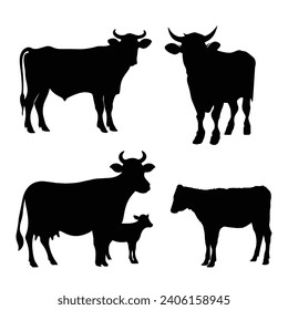 Cow silhouette. Cow vector illustration. Black cow and domestic milk cows. Farm animals isolated vector icons set.