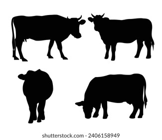 Cow silhouette. Cow vector illustration. Black cow and domestic milk cows. Farm animals isolated vector icons set.