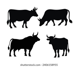 Cow silhouette. Cow vector illustration. Black cow and domestic milk cows. Farm animals isolated vector icons set.