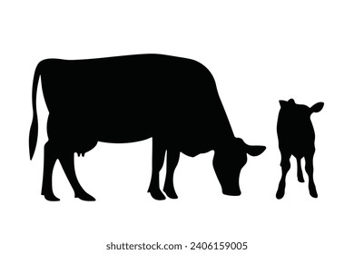 Cow silhouette. Cow vector illustration. Black cow and domestic milk cows. Farm animals isolated vector icons set.