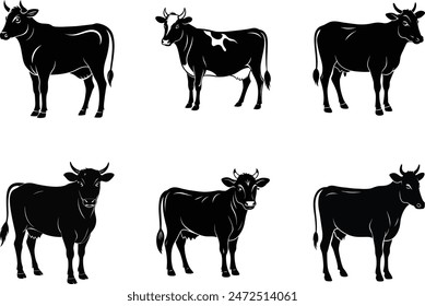 Cow silhouette. Cow vector illustration. Black cow and domestic milk cows. Farm animals isolated vector icons set.