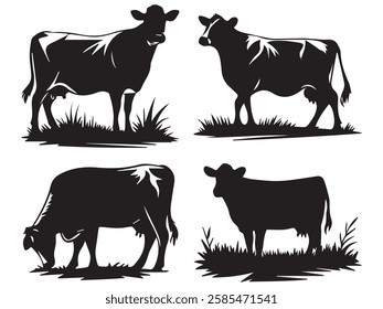 Cow Silhouettes in Different Poses Grazing on Meadow