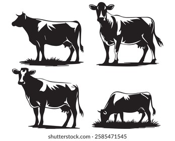 Cow Silhouettes in Different Poses Grazing on Meadow