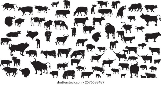 Cow silhouettes in diverse positions, ideal for farm, dairy, beef advertisements 