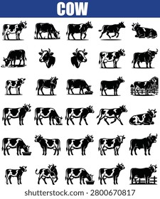 Cow silhouettes and illustrations on a white background