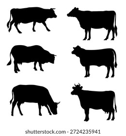Paquete de siluetas de vaca en múltiples poses aisladas sobre fondo blanco para la producción de productos lácteos de marca agrícola y proyectos gráficos de ganado