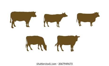Kuhsilhouetten in verschiedenen Posen, Positionen. Basic Icon, Symbol, Vektorgrafik einzeln auf weißem Hintergrund.