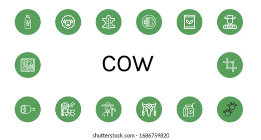 cow simple icons set. Contains such icons as Milk bottle, Lamb, Animal, Meat, Seed bag, Cowboy, Ham, Sheep farm, Farmer, Cow, Milk box, Agriculture, can be used for web, mobile and logo